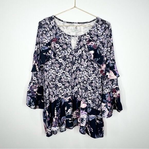 NWT Cupio Tiered Floral Mix Print Top 3/4 Sleeve Large - Picture 2 of 11